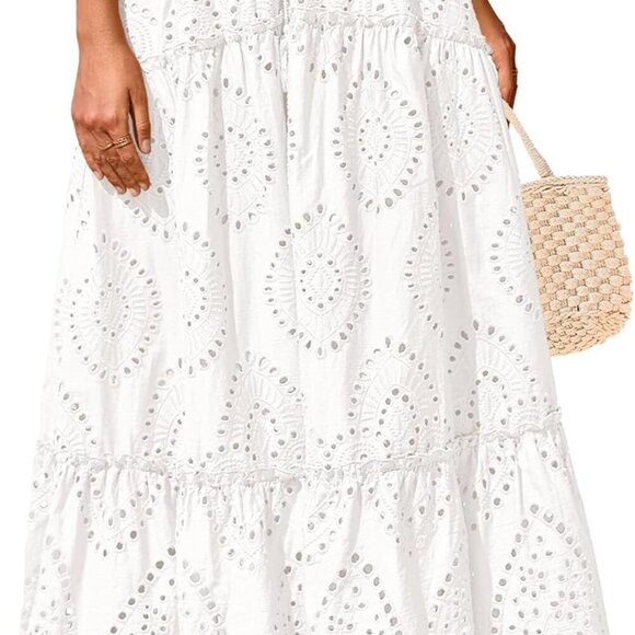 Women Boho Casual Skirts Summer 2025 Lace Embroidery Eyelet Elastic Waist Flowy - Picture 1 of 8